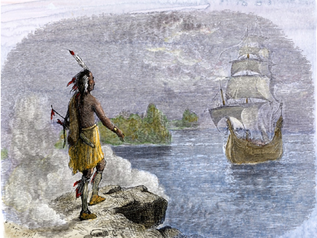 Nativo americano saludando al Mayflower. 1620